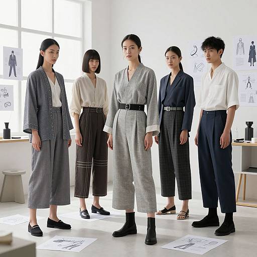 Photograph of five Asian models in a bright, minimalist room wearing various gray and white traditional Korean hanbok outfits with black belts. Background includes sketches