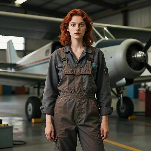 Photograph of a red-haired woman with fair skin wearing dark gray overalls in a dimly lit aircraft hangar, standing in front of a white