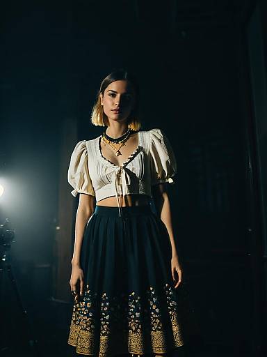 Contemporary Boho Woman in White Cropped Blouse and Floral Skirt