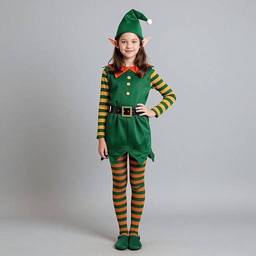 Photograph of a young girl in a green elf costume with yellow and green striped sleeves, orange collar, black belt, green hat, and green shoes