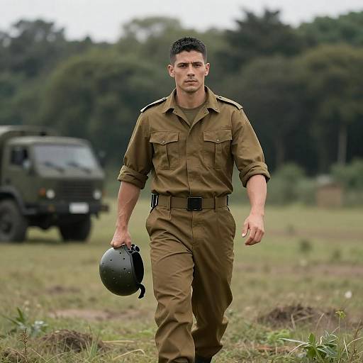 Muscular Soldier in Grassy Landscape
