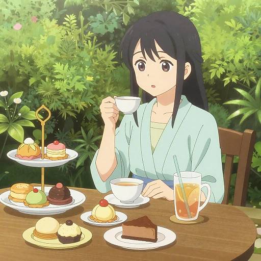 Anime-style drawing of a girl with black hair, wearing a light blue robe, enjoying tea and desserts in a lush garden.