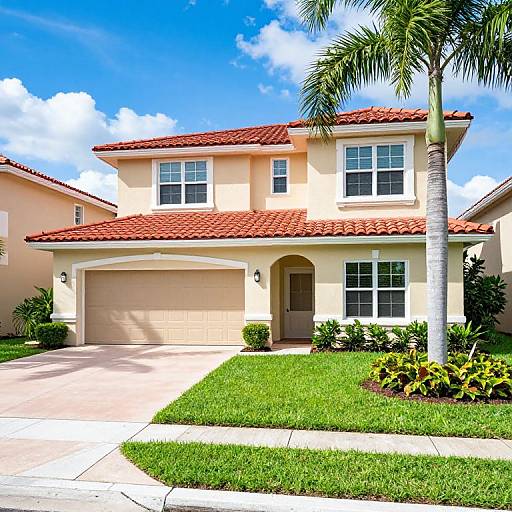 Bright, two-story Mediterranean-style house with red tile roof, cream-colored walls, large windows, garage, palm tree, and well-maintained lawn