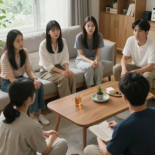 Photograph of five Asian individuals, three women and two men, sitting in a modern living room with a wooden coffee table, discussing; natural light from