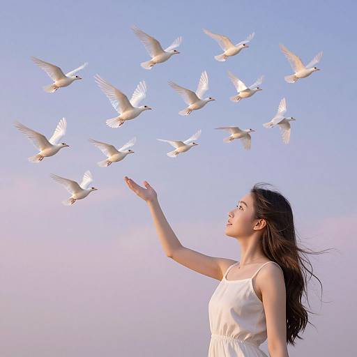 Photograph of a young Asian woman with long black hair, wearing a white sleeveless dress, reaching out to a flock of white doves flying in