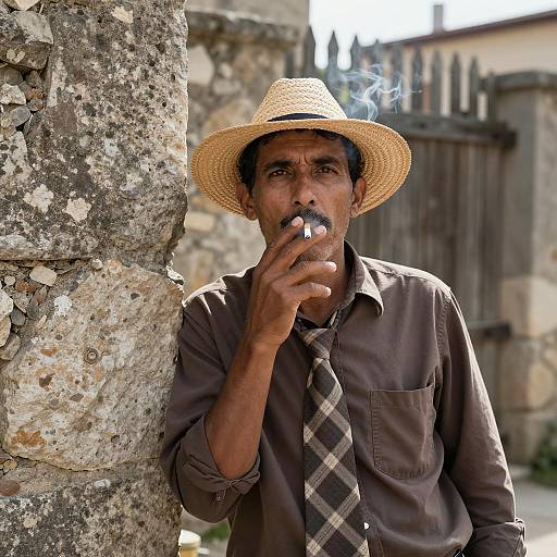 Man in Brown Shirt and Straw Hat