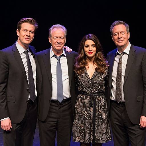 Photograph of four people standing side by side on stage; three men in black suits and white shirts, one woman in a black patterned dress,