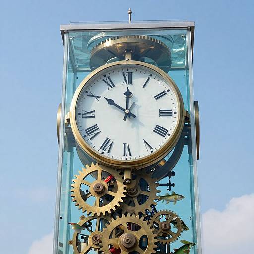Photograph of a tall, glass-encased clock tower with a white face, black Roman numerals, gold gears, and a clear blue sky
