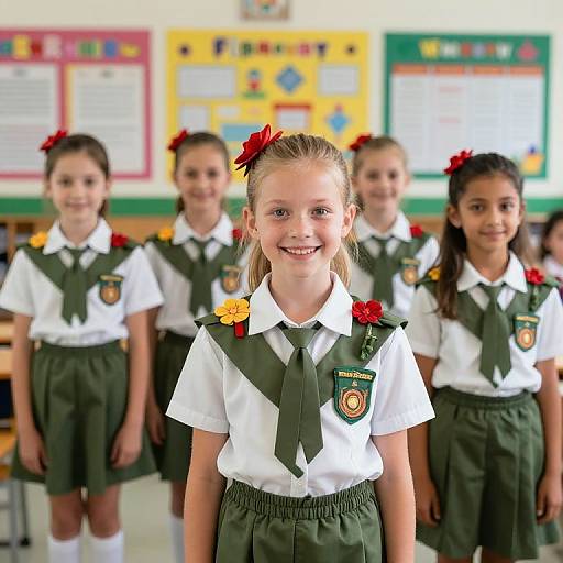 Photograph of five young girls in school uniforms with green ties and red, yellow flowers in their hair, smiling in a bright classroom with colorful bulletin boards