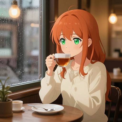 Anime-style digital drawing of a red-haired girl with green eyes, wearing a white sweater, sipping tea in a cozy, rainy café.