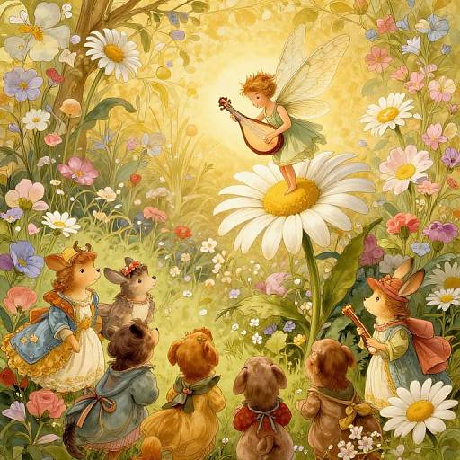 Whimsical fairy painting: six adorable animal children in vintage dresses gather around a fairy playing a lute amidst a vibrant, sunlit meadow of