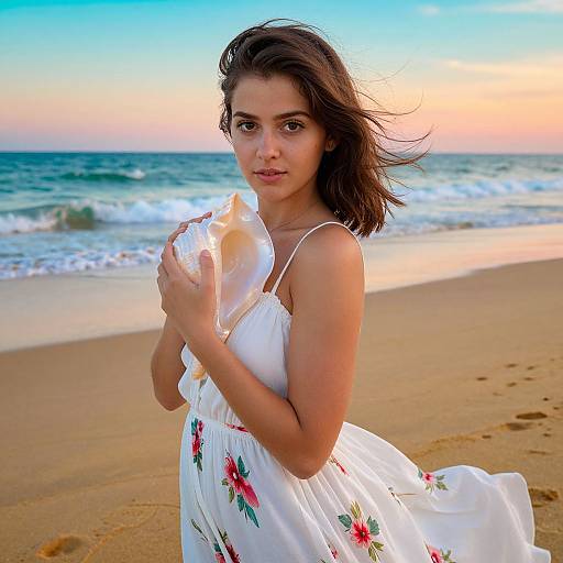 Young woman with dark brown hair holding a seashell, wearing a white floral dress, stands on a sandy beach at sunset.