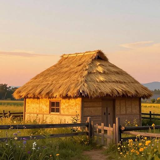 Photograph of a rustic, straw-thatched wooden hut at sunset, surrounded by a wooden fence, wildflowers, and a grassy field.