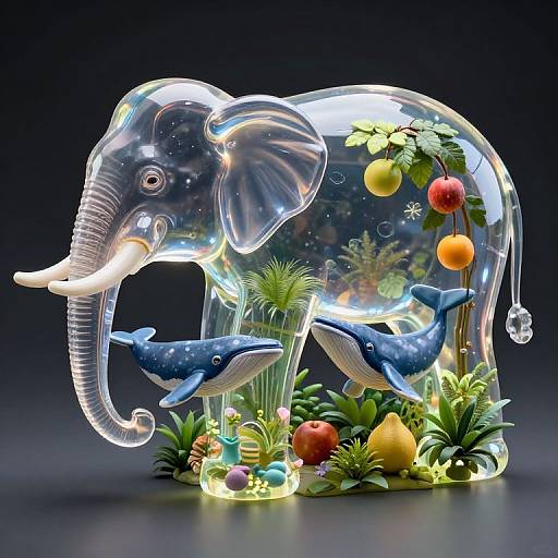 Photograph of a transparent, glowing glass elephant with two blue dolphins inside, surrounded by colorful fruits, plants, and hanging ornaments.
