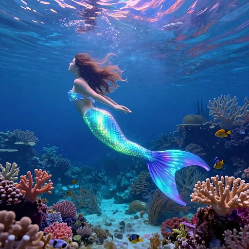 Photograph of a vibrant blue-green mermaid with flowing red hair, swimming among colorful coral reefs and fish underwater, illuminated by sunlight.