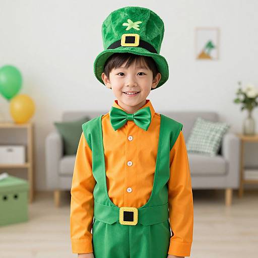 Photograph of a smiling young Asian boy in a green and orange leprechaun outfit, including a tall hat, standing in a bright, modern