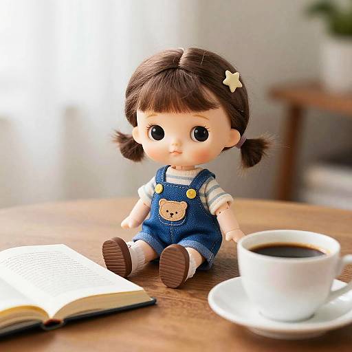 Cute Doll Sitting with Book and Coffee