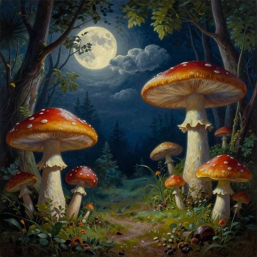 Digital painting of a moonlit forest with large, red-spotted mushrooms, lush greenery, and a bright full moon peeking through clouds.