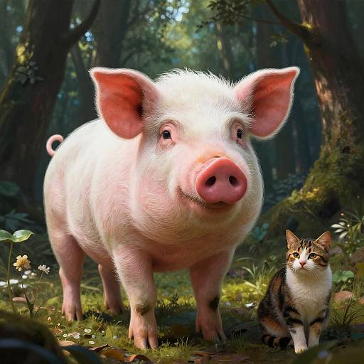 Surreal Pig-Cat Hybrid in Magical Forest