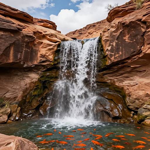 Photograph of a cascading waterfall into a rocky pool with vibrant orange koi fish swimming in clear water, surrounded by red-brown cliffs and a