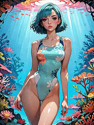 Woman in Floral Swimsuit and Tropical Underwater Scene