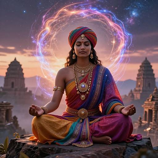 Photorealistic digital art of a serene Indian woman in colorful traditional attire, meditating with a glowing aura, set against a twilight temple landscape.