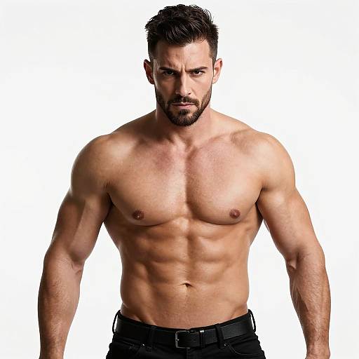 Photograph of a muscular, shirtless man with short dark hair, beard, and intense expression, standing against a white background. Wearing black pants