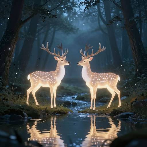 Photograph of two glowing, illuminated deer with white spots standing in a reflective, moonlit forest stream, surrounded by dark trees and twinkling lights.