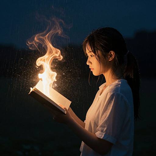 Photograph of a young woman with wet hair, wearing a white shirt, reading an open book illuminated by a bright, flickering flame in a dark