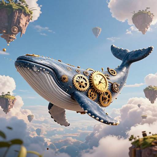 Digital artwork of a blue whale adorned with gold gears, floating among floating islands and clouds in a vibrant, whimsical sky.