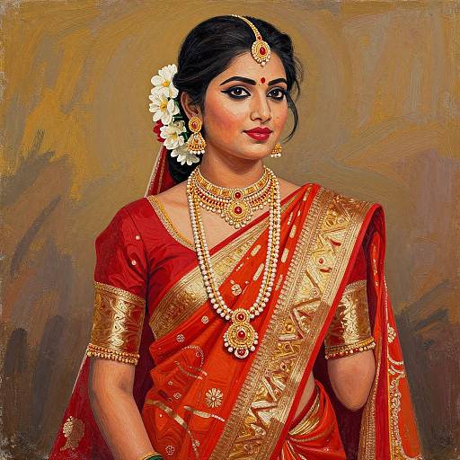 Digital painting of an Indian bride in a red and gold saree, adorned with jewelry, white flower in hair, gold background.