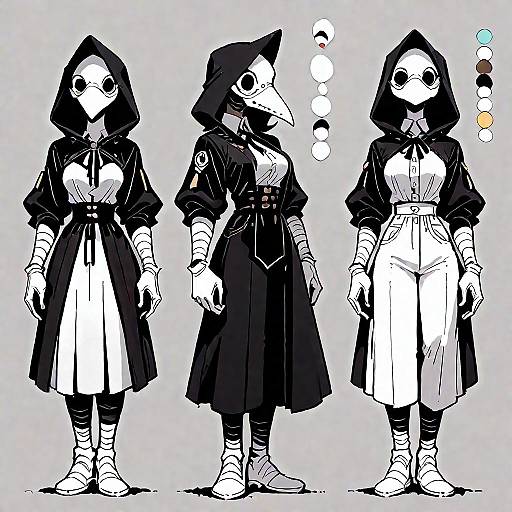 Digital drawing of three hooded, white-masked, plague doctor-inspired characters in black and white attire, with color swatches on the right.