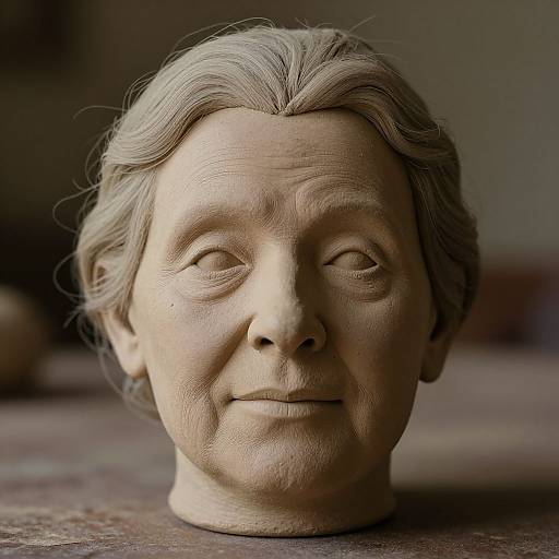 Photograph of a realistic, detailed clay bust of an older woman with gray, wavy hair, subtle smile, and gentle wrinkles, centered on a