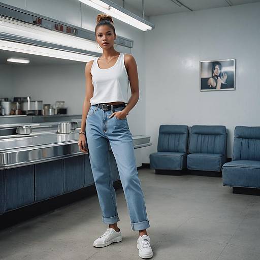 Woman in Casual Y2K Outfit in Vintage Diner
