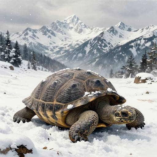 Photorealistic image of a large tortoise with textured shell, walking on snowy mountain landscape with pine trees and towering snow-covered peaks in the background.