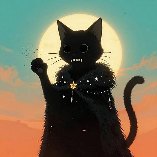 Digital illustration of a silhouetted black cat with glowing stars on its fur, raising a paw, against a vibrant sunset sky with a large yellow