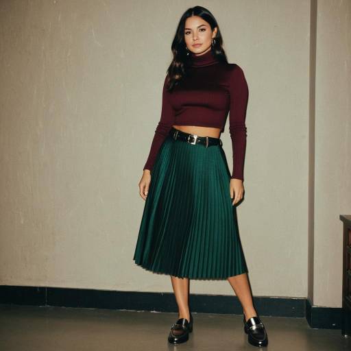 Woman in Burgundy Crop Top and Green Pleated Skirt