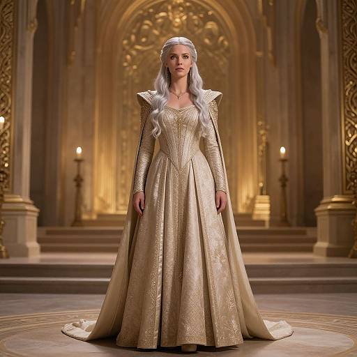 Photograph of a silver-haired woman in an elaborate, gold, medieval-style gown with long sleeves, standing in an ornate, golden-lit,