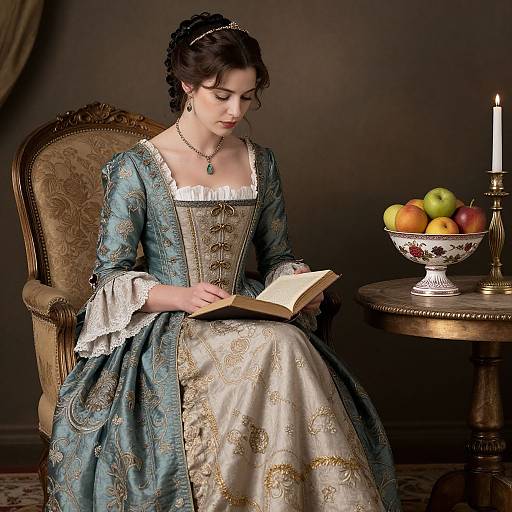 Photograph of a fair-skinned woman with dark hair in an ornate, 18th-century blue and gold dress, reading a book, surrounded