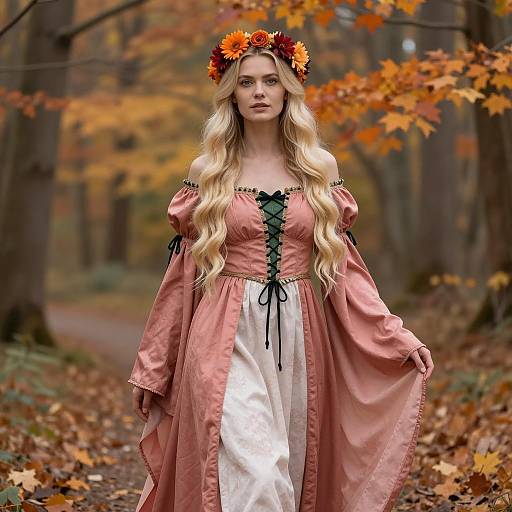 Woman in Autumn Medieval Dress with Flower Crown