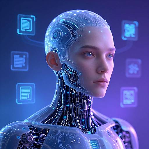 Digital CGI of a cybernetic human with glowing blue circuitry, blue eyes, and a transparent, holographic head, set against a blue,