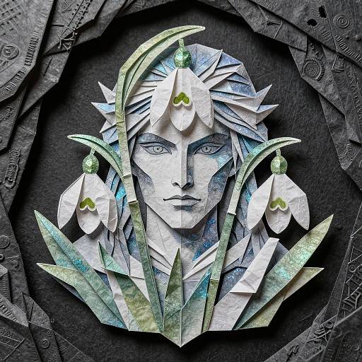 Paper art portrait of a serene, gray-skinned figure with white snowdrops in hair, surrounded by intricate, textured black circular patterns.