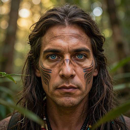 Photograph of a rugged, blue-eyed man with long brown hair, tribal face paint, and forest background, looking intently at the camera.