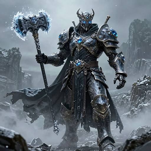 Digital fantasy artwork of a powerful, armored warrior with glowing blue eyes, holding a glowing, electrified war hammer in a snowy, rocky landscape. Dark