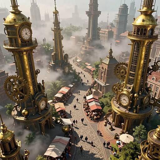 Steampunk cityscape with three towering golden clock towers, misty fog, cobblestone streets, market stalls, and small crowds below. Phot