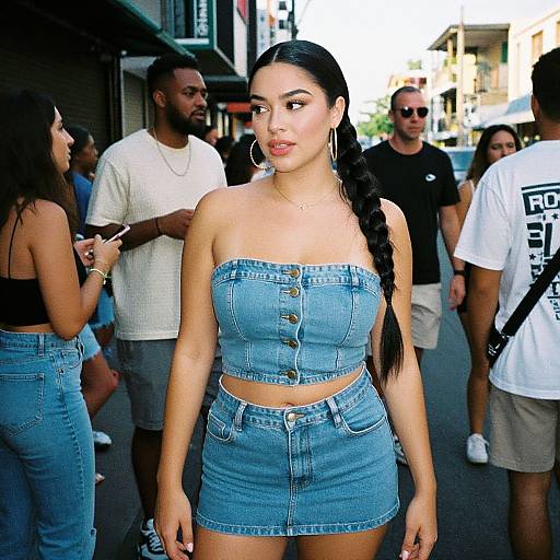 Photograph of a Latina woman with long black hair in a braid, wearing a denim strapless crop top and high-waisted shorts, standing