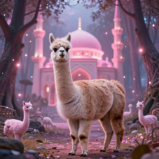 Photorealistic CGI of a fluffy white llama with a pink-lit, fairy-tale forest and a glowing pink-domed temple in the background,