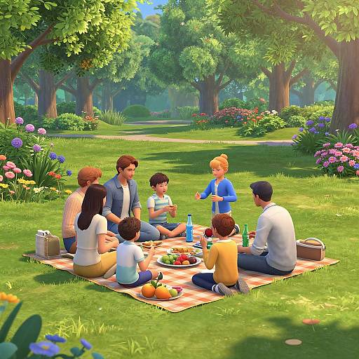 Digital art of a diverse family having a picnic on a colorful blanket in a sunlit, lush forest with vibrant flowers.