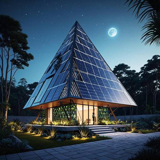 Futuristic Pyramidal Eco Home with Solar Panels at Night