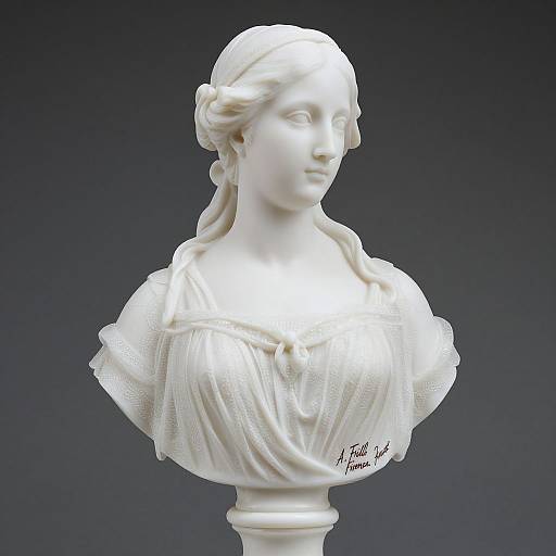 Photograph of a white marble bust of a serene woman with detailed hair and drapery, signed 